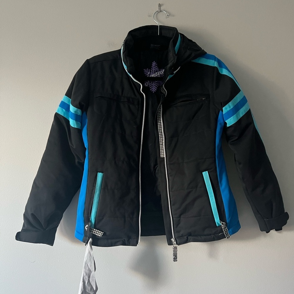 Obermeyer Juniors 16 Ski Snowboard Jacket Black Blue Striped Hooded Winter Coat